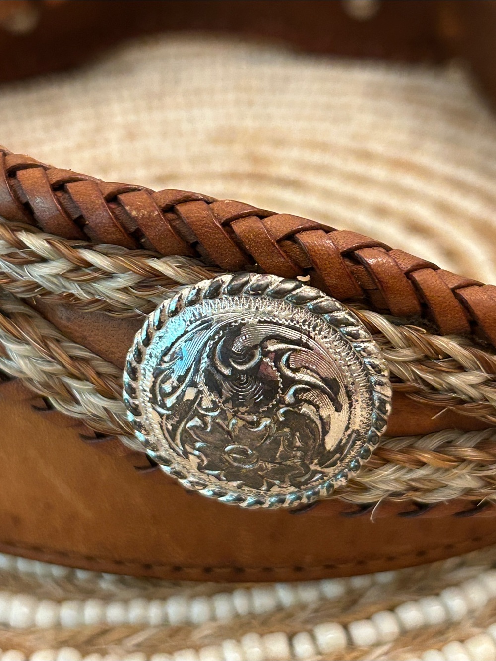 Vintage Tony Lama Brown Leather Braided Belt with Silver Concho Buckle - Picture 3 of 6